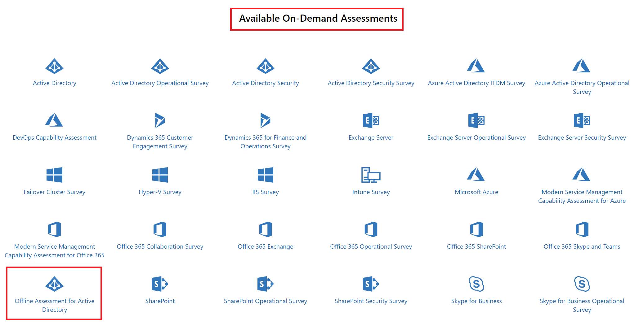 The Available On-Demand Assessments page with Offline Assessment for Active Directory highlighted.