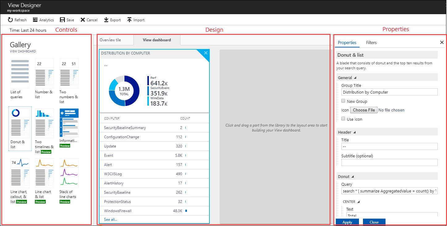 Screenshot that shows an Azure Log Analytics View Designer screen where the user can configure their views with their queries separating their environments.