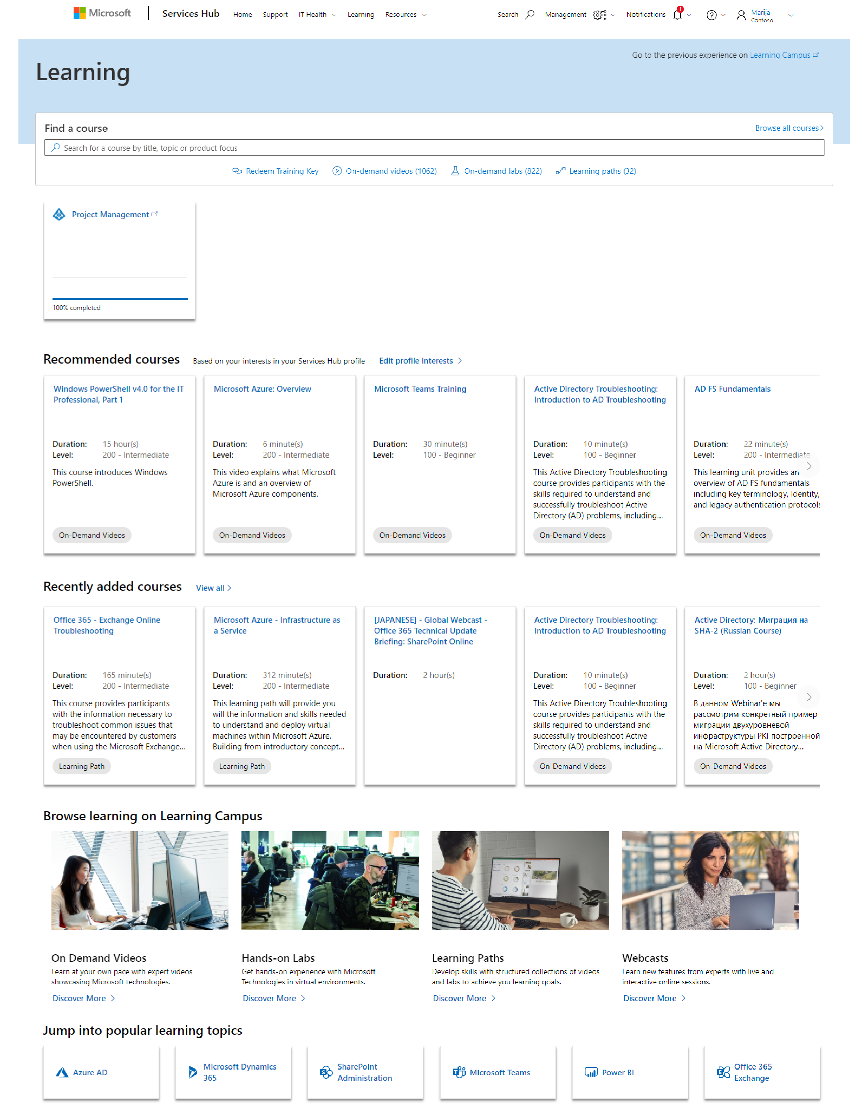 Learning Landing Page with My Learning, Recommended Courses, Recently Added Courses, Browse learning on Learning Campus and Jump into Popular Topics showing