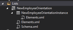 List folder with child NewEmployeeOrientation template, which itself has three children; a NewEmployeeOrientationInstance, an elements.xml file, and a schema.xml file. The instance itself has a child named elements.xml.