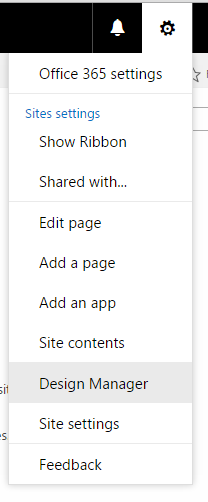 The menu that opens when the gear icon is clicked on a publishing site. One item is Design Manager.