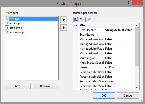 The Client web part Custom Properties Dialog with 4 properties listed on the left, and each one having 5 attributes set on the right.