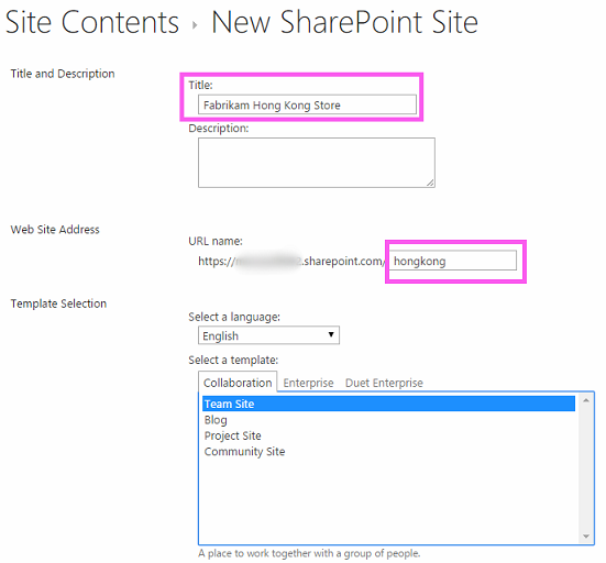 The form for creating a new SharePoint subsite with "Fabrikam Hong Kong Store" in the Title text box and "hongkong" in the URL text box.