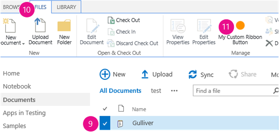 A document library with a document selected, the File tab open on the ribbon, and the custom button on the ribbon.