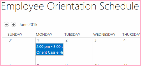 A calendar named Employee Orientation Schedule with an item on June 1 that says "Orient Cassie Hicks"