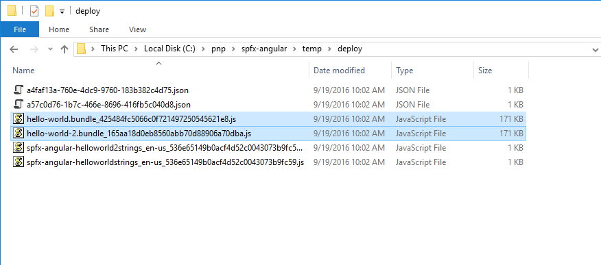 Screenshot of the File Explorer screen's deploy folder showing two Hello World bundle JavaScript files being highlighted.