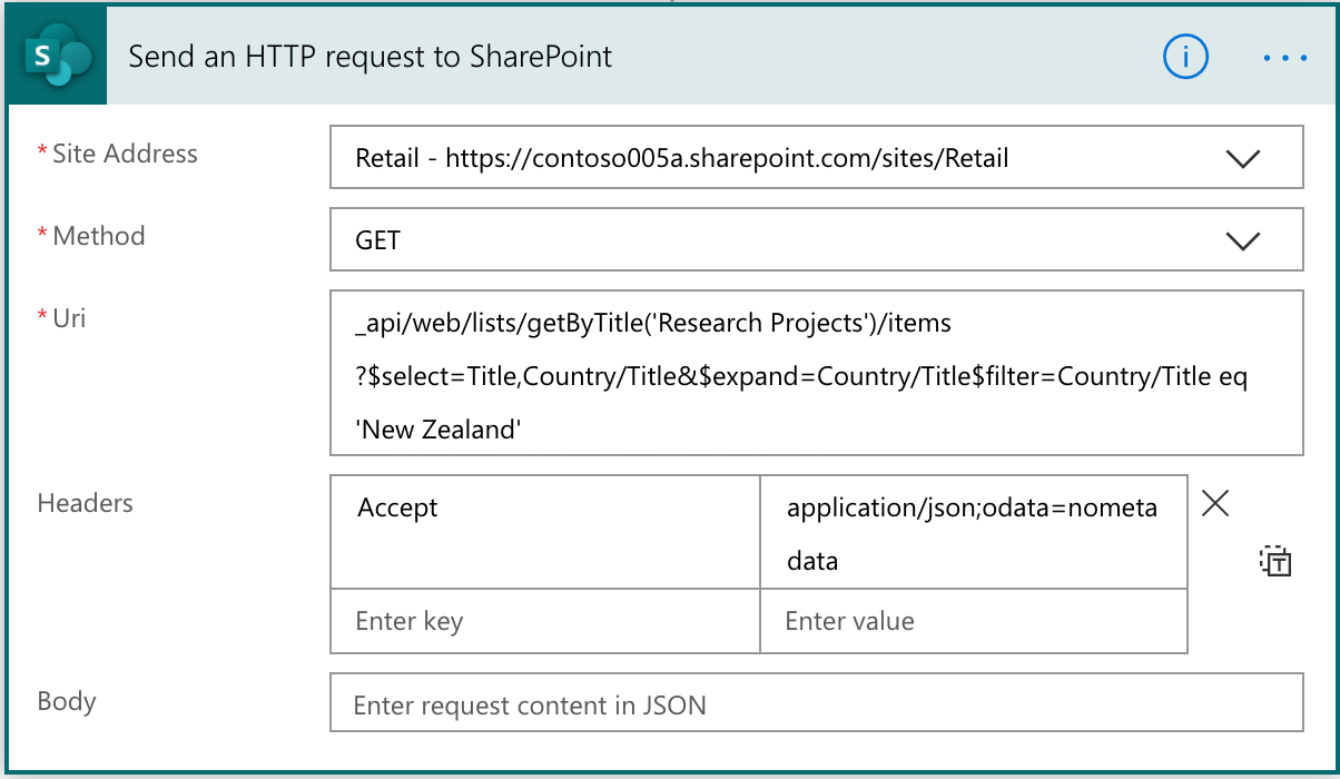 Send an HTTP Request to SharePoint action