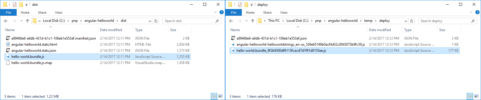 Image with two Explorer windows displayed side by side with the debug and release version of the generated bundle highlighted