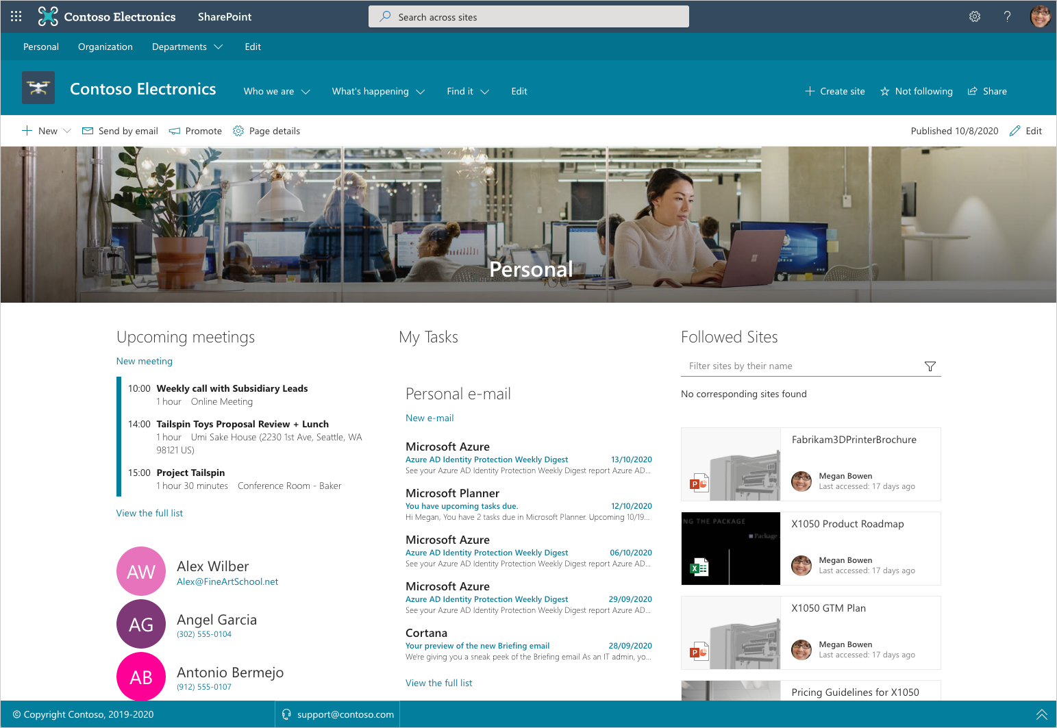 Modern SharePoint page with several SharePoint Framework web parts showing personalized information for the current user