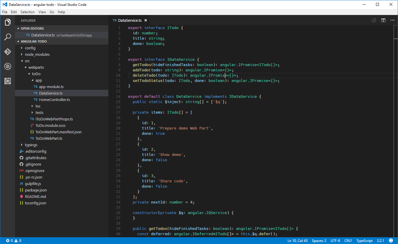 The DataService.ts file opened in Visual Studio Code