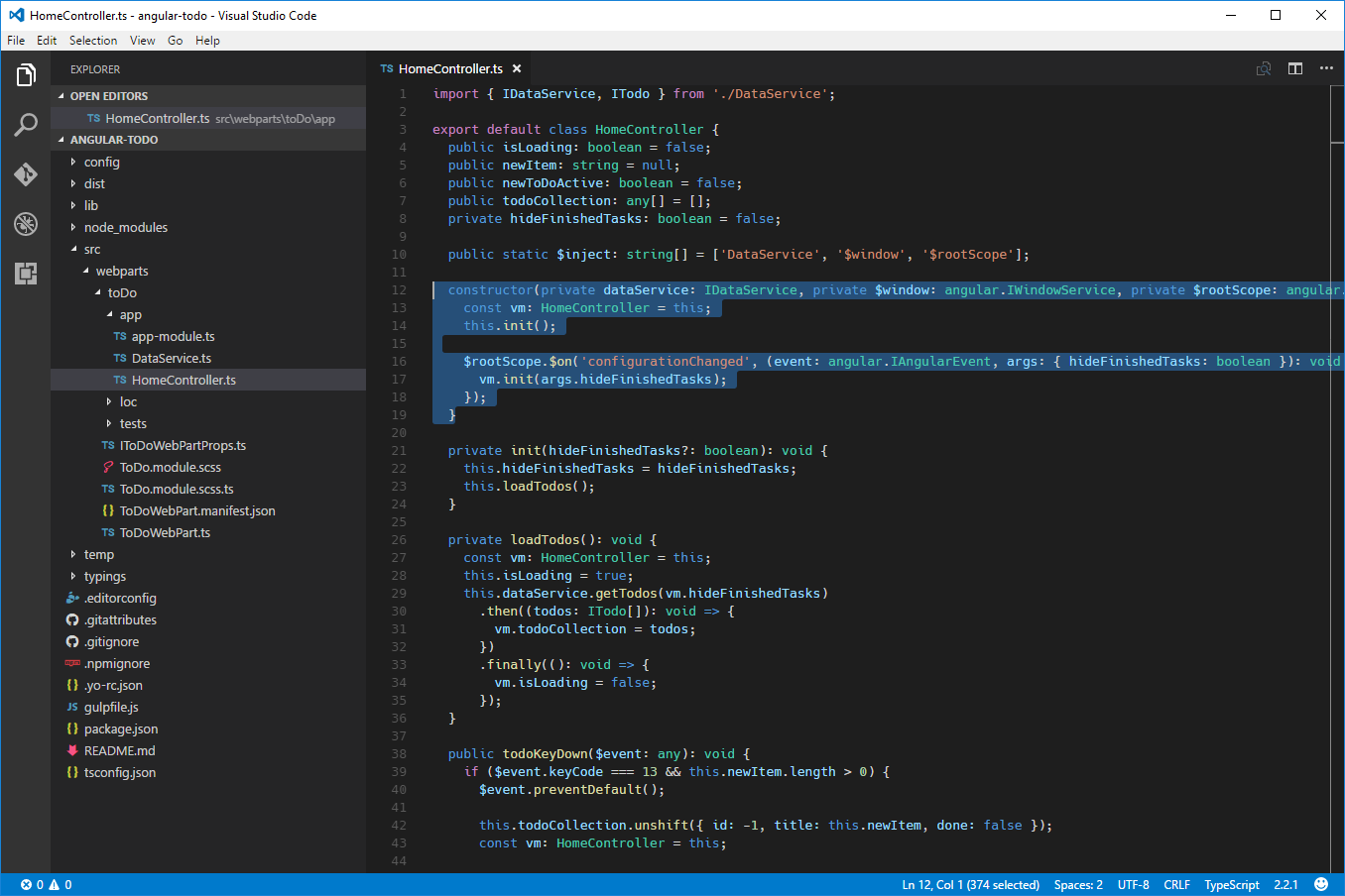 Constructor definition in the HomeController.ts file highlighted in Visual Studio Code