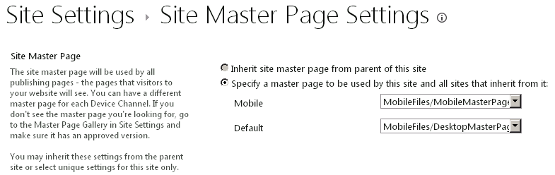 Setting master pages for mobile device and desktop