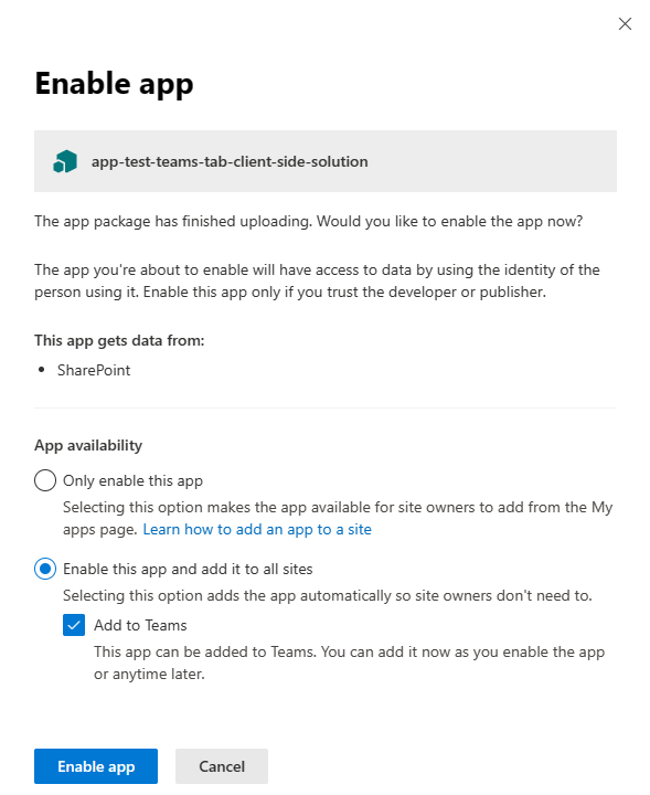 The "Enable this app and add it to all sites" setting is visible when solution is deployed to app catalog