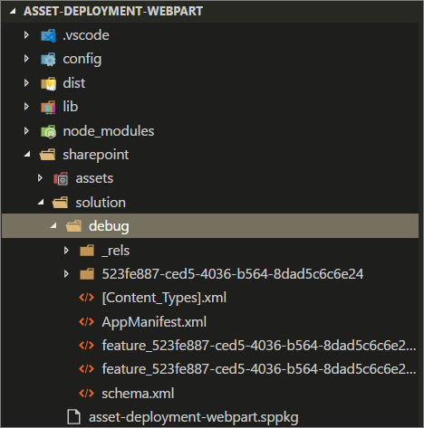 Screenshot showing debug folder under sharepoint folder in the solution structure