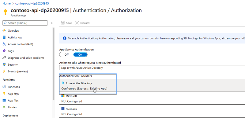 'Azure Active Directory' highlighted in the list of Function App authentication providers