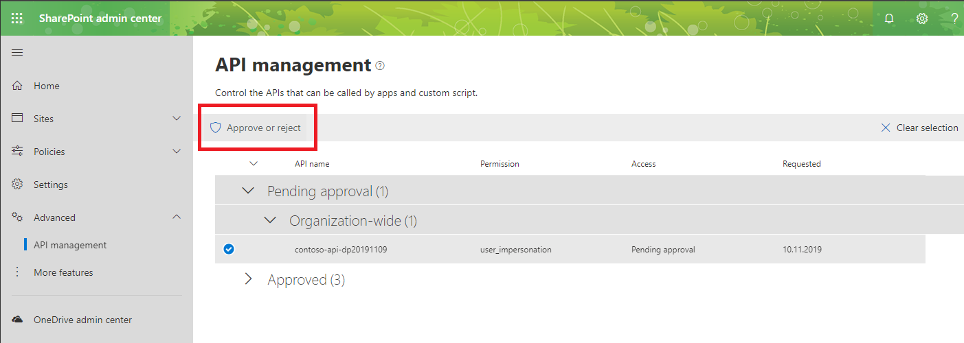 The 'Approve or reject' option highlighted in the toolbar on the API management page in the new SharePoint admin center