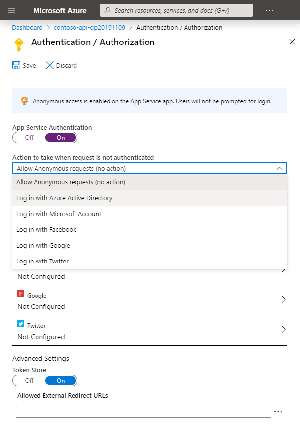 The 'Login with Azure Active Directory' option highlighted in the 'Action to take when request not authenticated' drop down on the Function App authentication settings blade