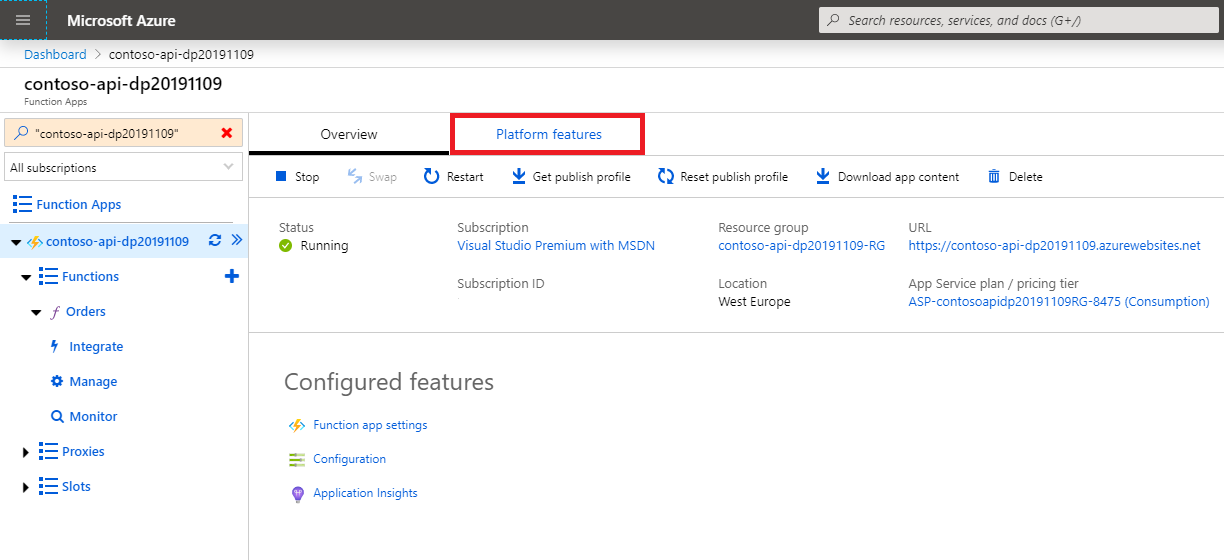 The 'Platform features' tab highlighted on the Function App blade in the Azure portal
