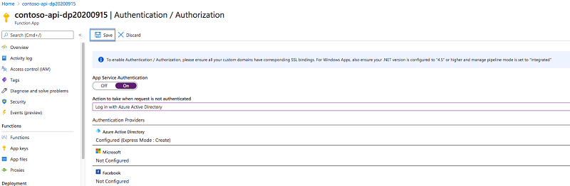 The 'Save' button highlighted on the 'Authentication / Authorization' blade for a Function App in the Azure portal