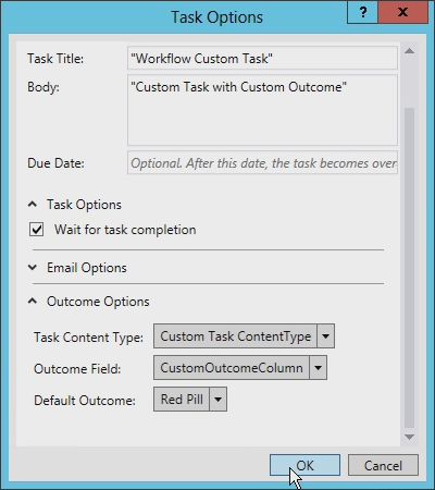 The screenshot shows that the dialog box determines what is available by looking at all the content types that are derived from the Workflow Task content type.