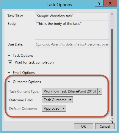 The screenshot shows the workflow task content type, the Outcome Field, and the Default Outcome.