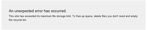 A screenshot that shows the error message that occurs when the data storage limit is exceeded