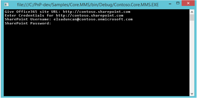Screenshot of the Core.MMS sample add-in console, prompting for the SharePoint user name and password.