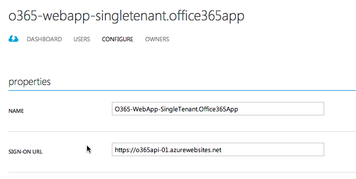 Name is set to O365-WebApp-SingleTenant.Office365App, Sign-on URL is set to https://o365api-01.azurewebsites.net