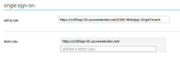 App ID URI is https://o365api-01.azurewebsites.net/O365-WebApp-SingleTenant, Reply URL is https://o365api-01.azurewebsites.net/