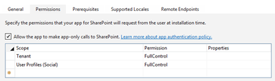 The list of permissions: The scope Tenant has the permission FullControl. The scope User Profiles (Social) has the permission FullControl. The check box Allow the app to make app-only calls to SharePoint is checked.