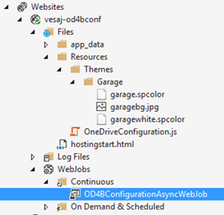 The Server Explorer expanded the nested objects Websites, vesaj-od4bconf, Files, Resources, Themes, Garage, and displays files in the Garage folder.
