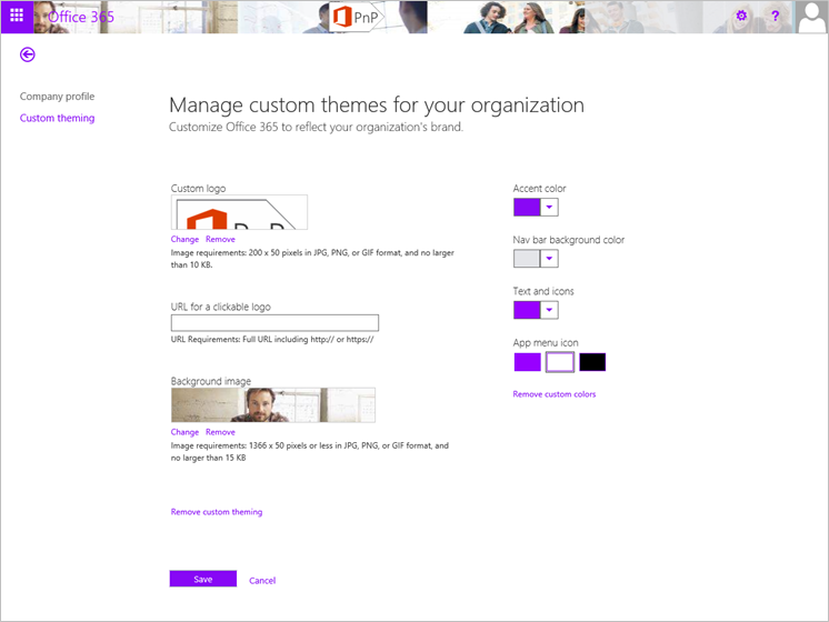 Displays the Office 365 site, showing the custom theming tab page, entitled Manage custom themes for your organization, Customize Office 365 to reflect your oganization's brand. Settings are available for Custom logo, URL for a clickable logo, Background image, Accent color, Navigation bar background color, Text and icons color, and App menu icon color.
