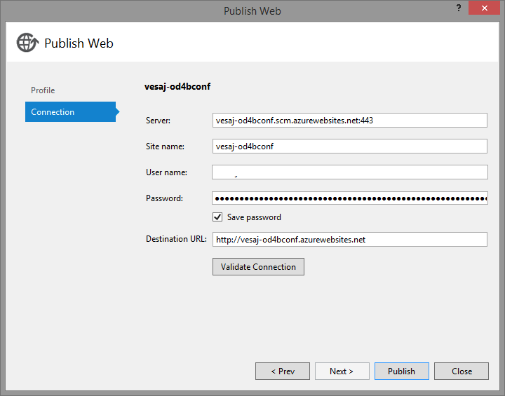 The Publish Web dialog box is displayed, and shows the Connection tab. The Server field contains the value vesaj-od4bconf.scm.azurewebsites.net:443, the Site name field contains the value vesaj-0d4bconf, the User name field is redacted, the Password field is masked, the Save password check box is checked, and the Destination URL field contains the value http://vesaj-od4bconf.azurewebsites.net.