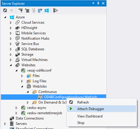 The Server Explorer expanded the nested objects Websites, vesaj-od4bconf, WebJobs, Continuous, OD4BConfigurationAsyncWebJob. A context menu appears over OD4BConfigurationAsyncWebJob and the context menu option Attach Debugger is highlighted.