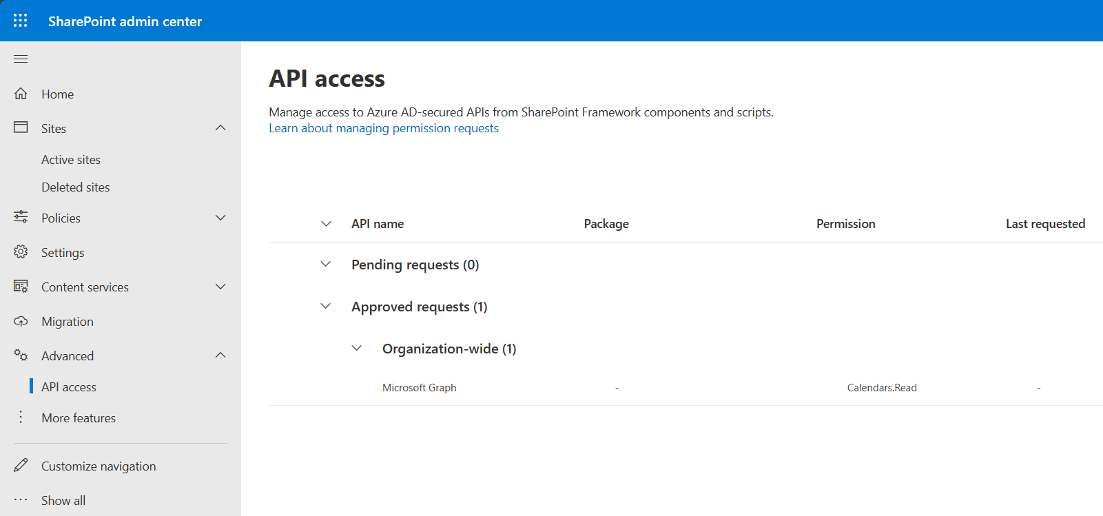 API acess page in the SharePoint admin center