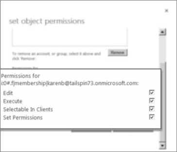 Screenshot of the SetObject Permissions dialog in SharePoint. Use this dialog to set permissions for a specified External Content Type.