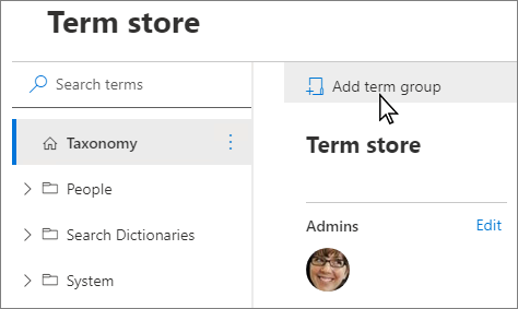 Screenshot of navigation pane in Term Store Management Tool, showing the New Group menu item