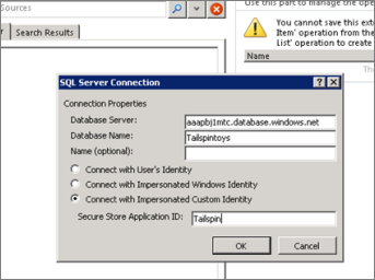 Screenshot of the SQL Server Connection dialog where you can fill in the name of your SQL Azure database server and use Connect with Impersonated Custom ID to enter your Secure Store Application ID.
