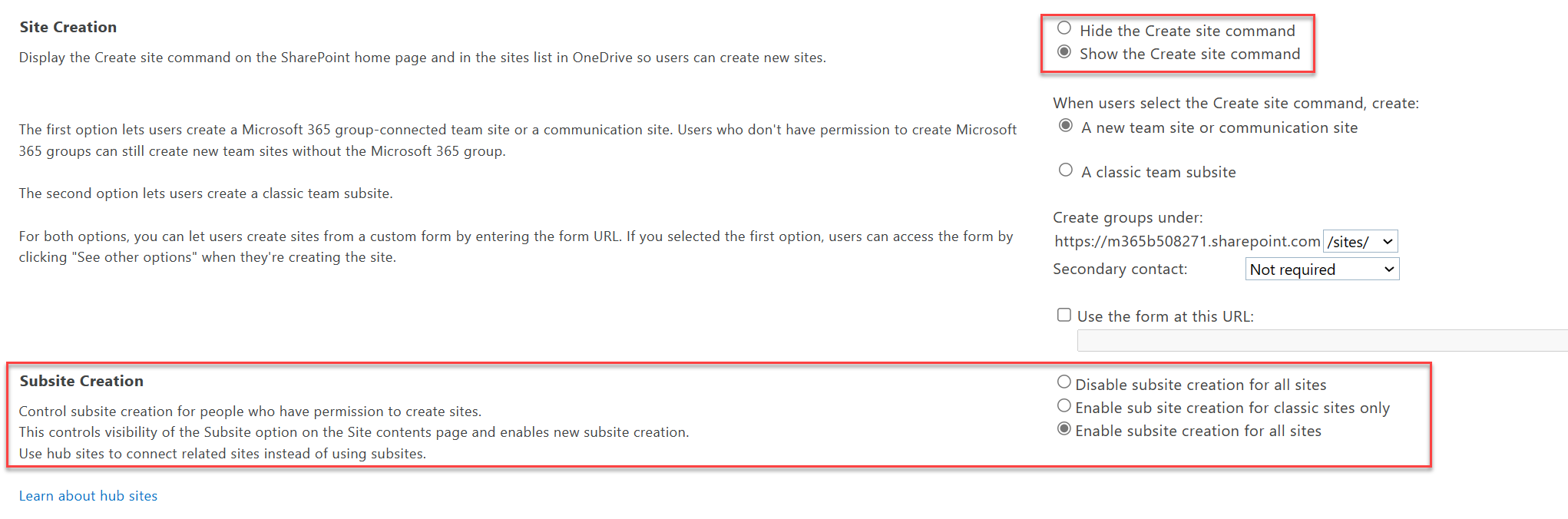 Screenshot of Site creation settings in the classic SharePoint admin center.