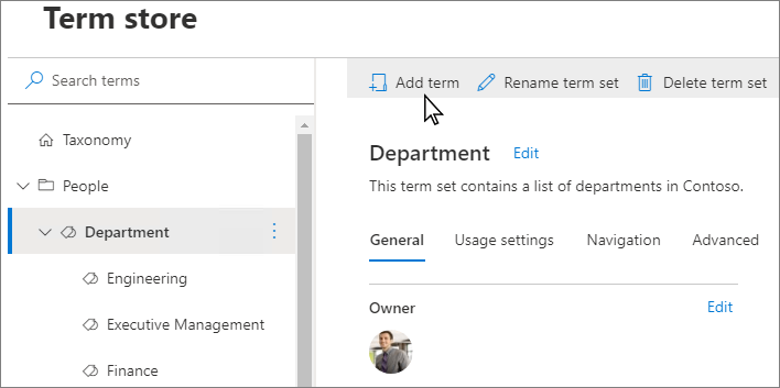 Screenshot of the term store page in the SharePoint admin center with Add term highlighted.