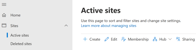 The Create button on the Active sites page.