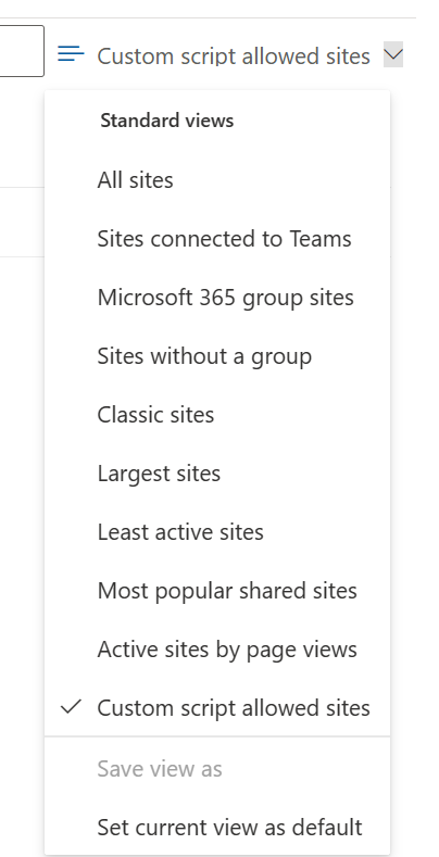 Screenshot of the list of default views, which includes the 'custom script allowed sites' view.