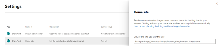 Home site setting in the new SharePoint admin center.