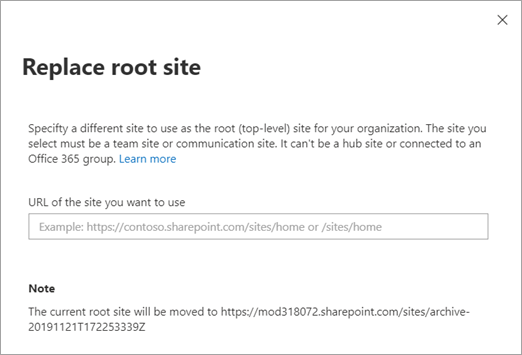 The Replace root site panel in the new SharePoint admin center