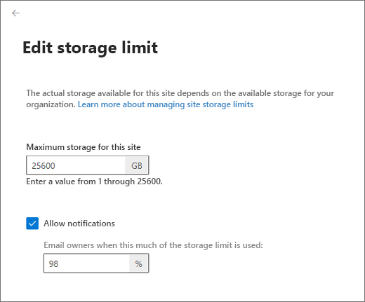 Changing the storage limit for a site