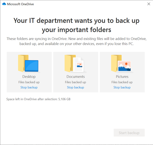 Enabling protection on a user's Desktop, Pictures, and Documents folder in OneDrive