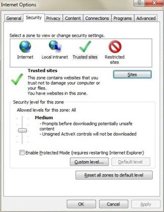 Screenshot shows steps to select the Sites option under the Security tab.