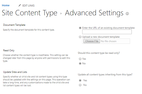 Screenshot of Enter the URL for Document Template in Site Content Type option in Advanced Settings page.