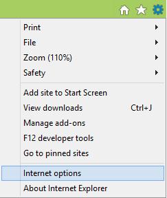 Screenshot of the Internet options item in the Setting menu of Internet Explorer.