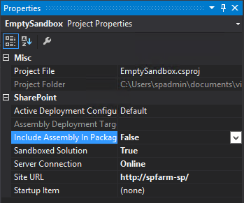 Screenshot of the Properties dialog box, changing the Include Assembly In Package property to False.